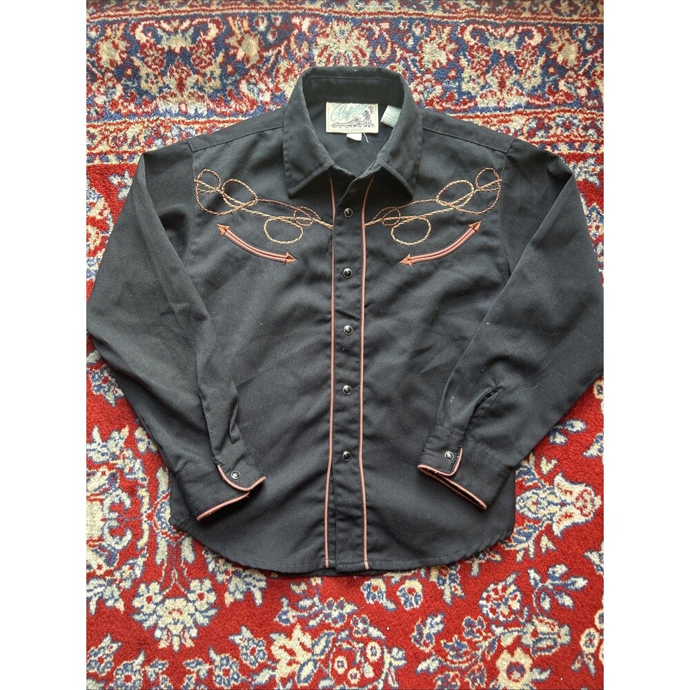 Vintage Roper Youth Medium 8-10 Pearl Snap Black Shirt Brown Embroidered